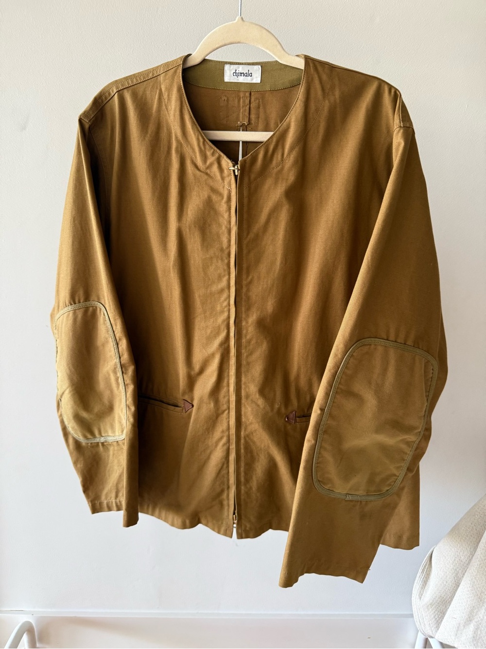 Chimala Japan Brown Collarless Zip Jacket w/ Elbow Patches - Size Large